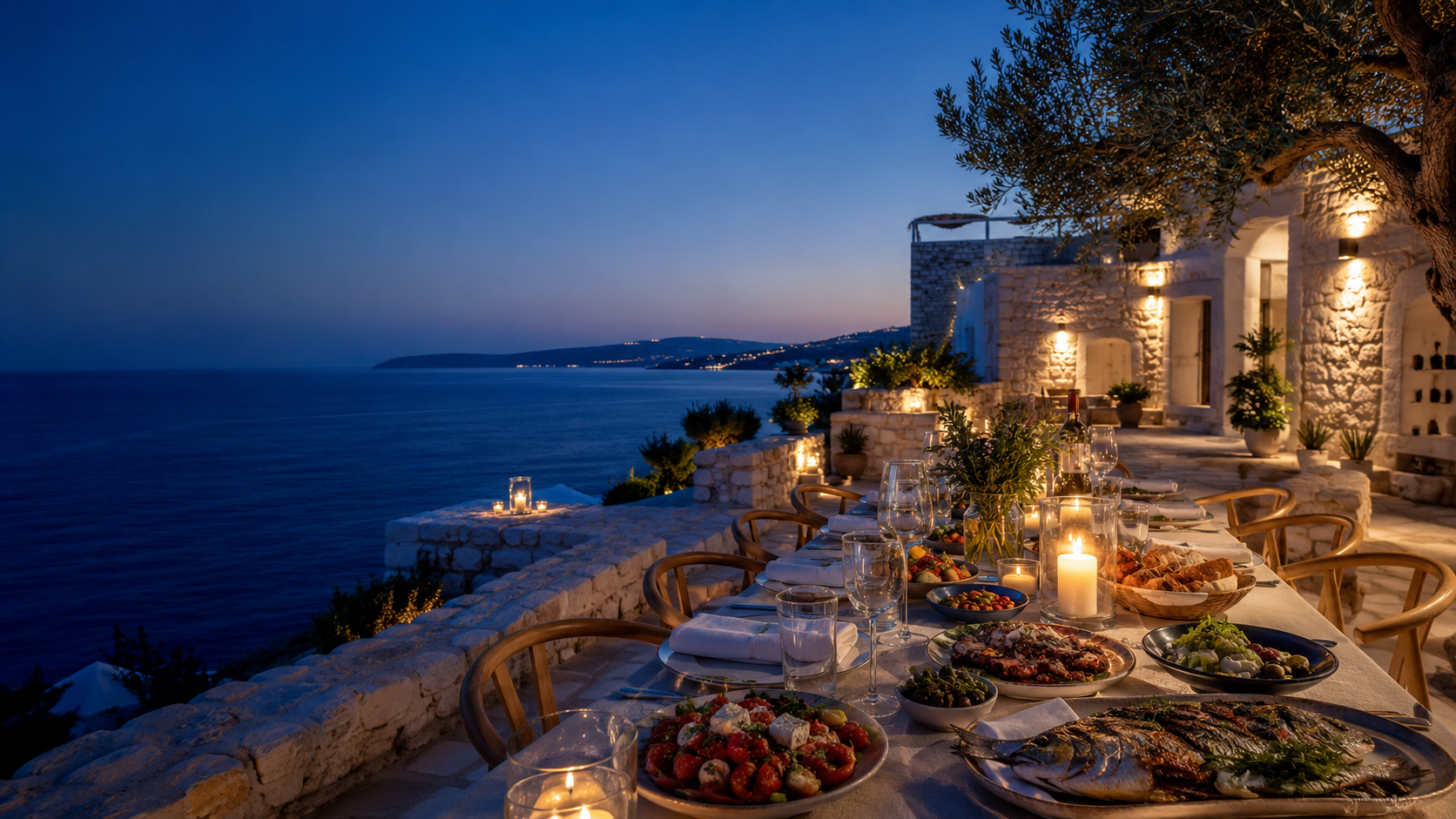An evening dining setting at a villa in Crete