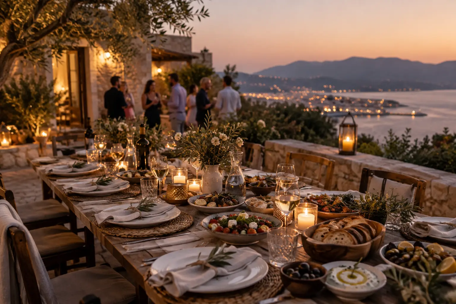 A candlelit celebration table at sunset